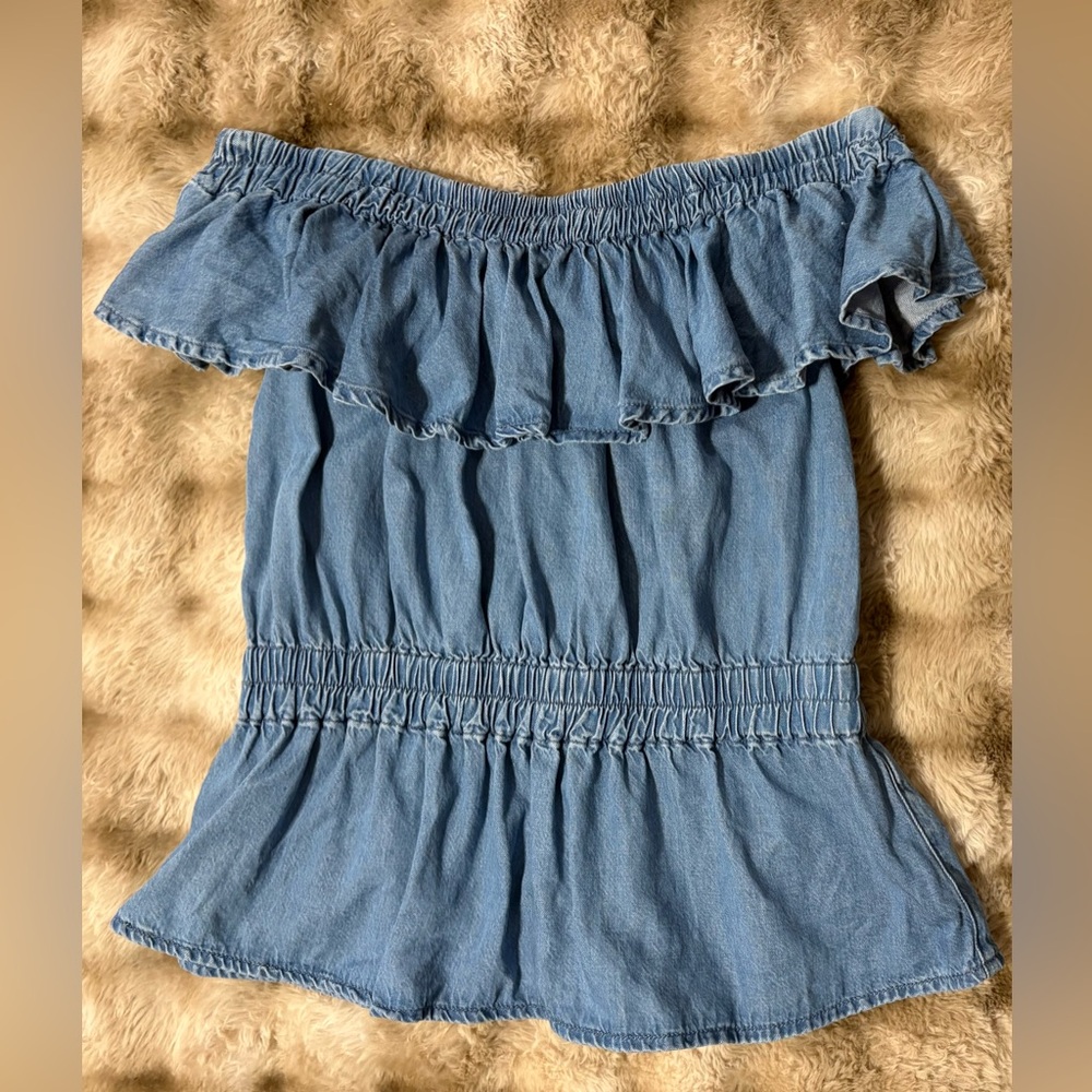 All Saints Off-Shoulder Ruffle Denim Top - Picture 3 of 4